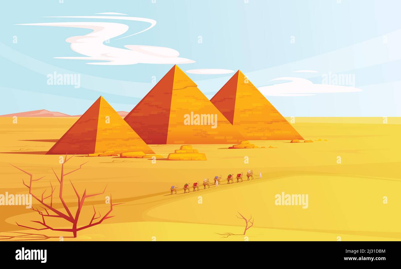 Paysage désertique avec pyramides égyptiennes et caravanes de chameaux, illustration de vecteur de dessin animé. Dunes de sable doré avec pyramides à l'horizon et bédouins W. Illustration de Vecteur