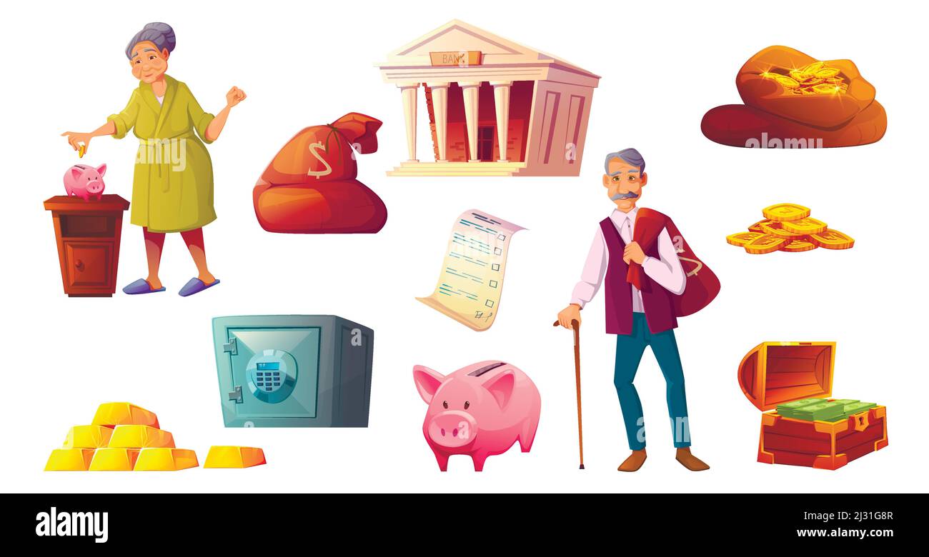 Fonds de pension, économie d'argent caricatures icônes illustration vectorielle. Personnages seniors avec leurs économies, icône de banque de porc rose, bâtiment de banque, dépôt de coffre, Illustration de Vecteur