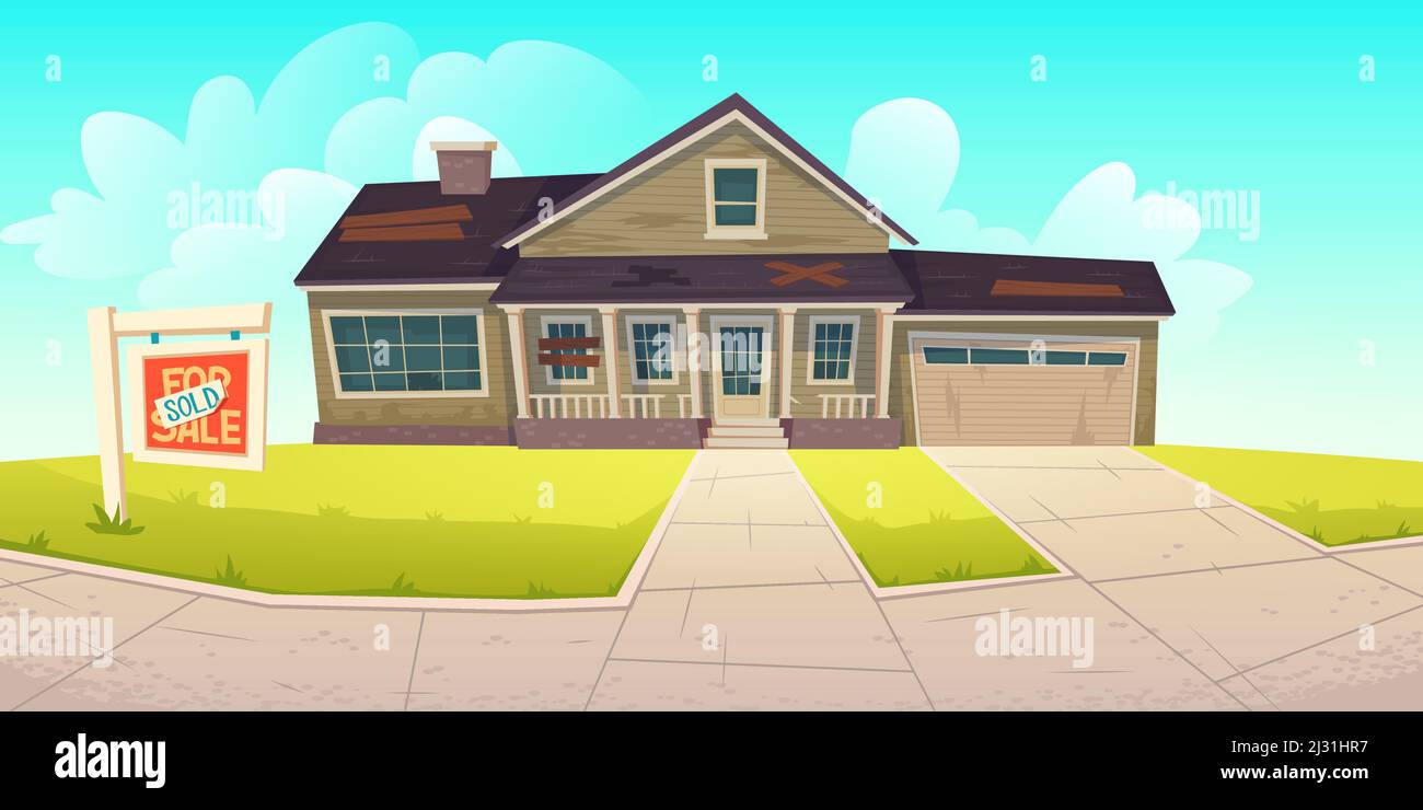 Vieille maison avec toit cassé, fenêtres à bord et panneau vendu. Maison abandonnée en ruine à vendre. Dessin animé vectoriel abandonné bâtiment en bois, oublié Illustration de Vecteur