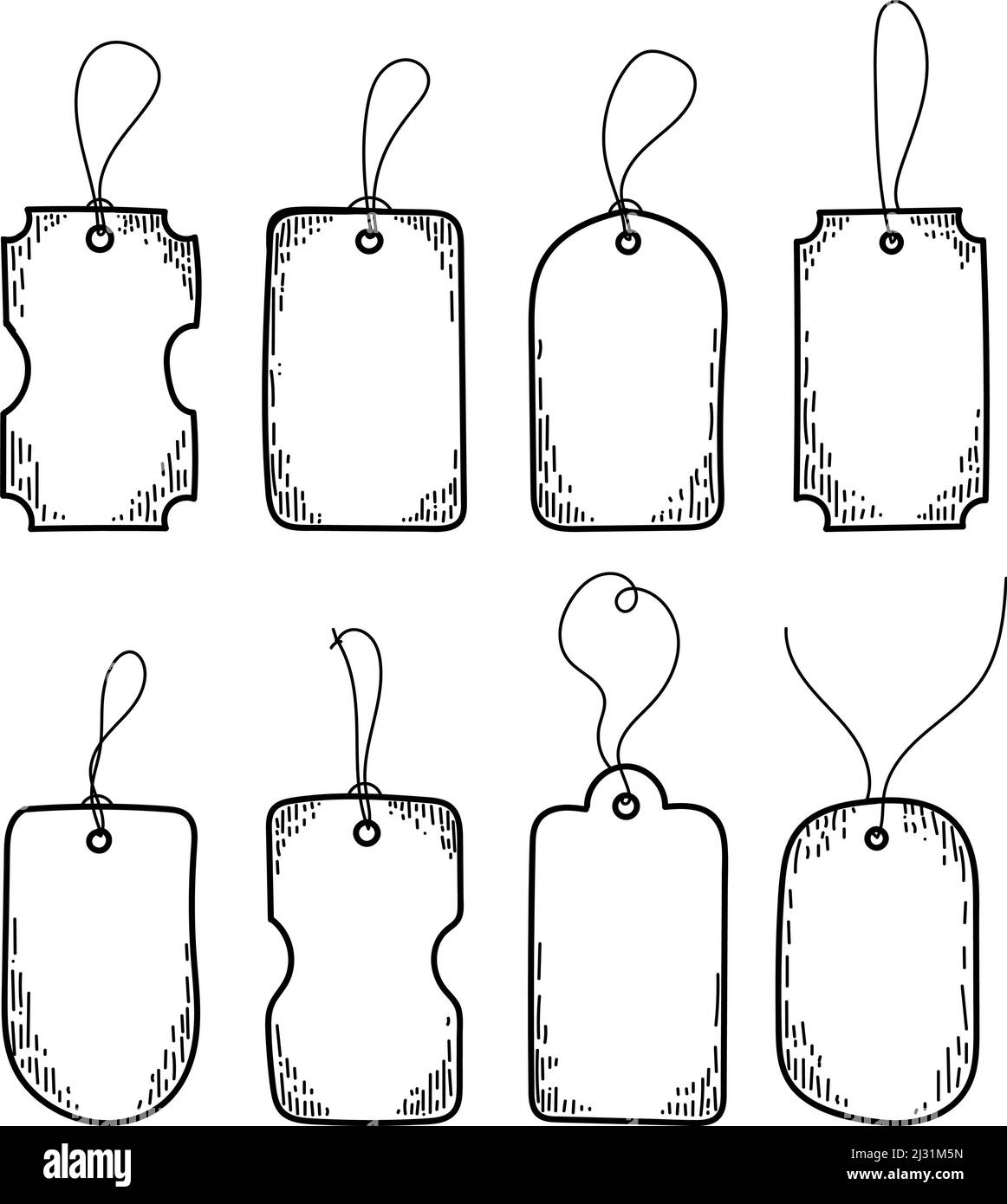 Étiquettes de prix dessinées dans le style des caniche. Un ensemble d'étiquettes vierges pour les boîtes-cadeaux ou les étiquettes pour les achats à la vente avec ficelle. Illustration vectorielle Illustration de Vecteur