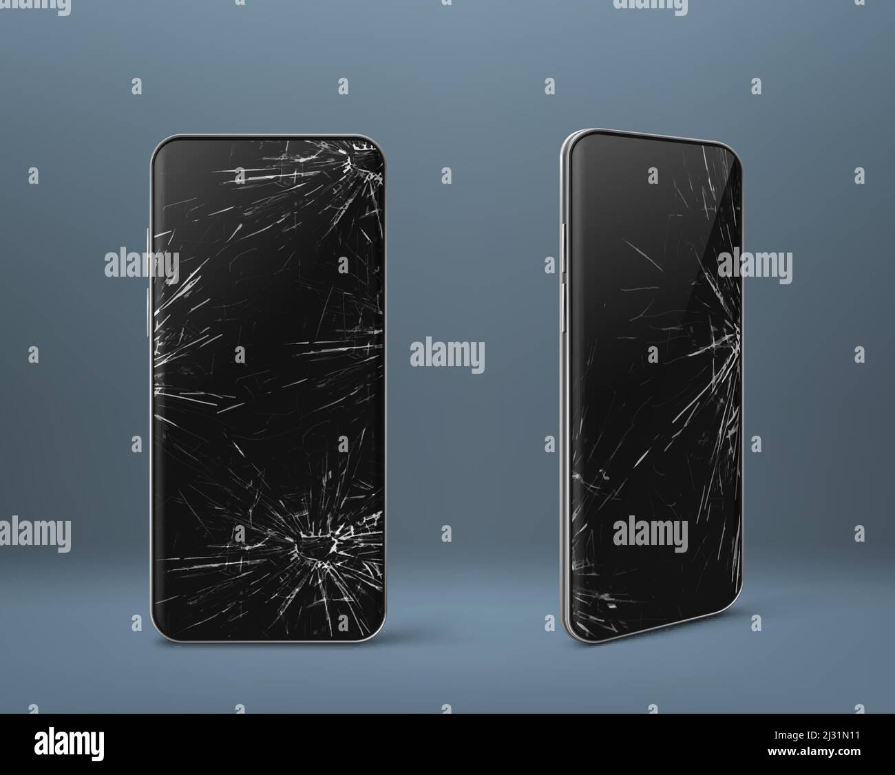 Téléphone mobile avec écran cassé vue avant et latérale, smartphone cassé, appareil électronique
