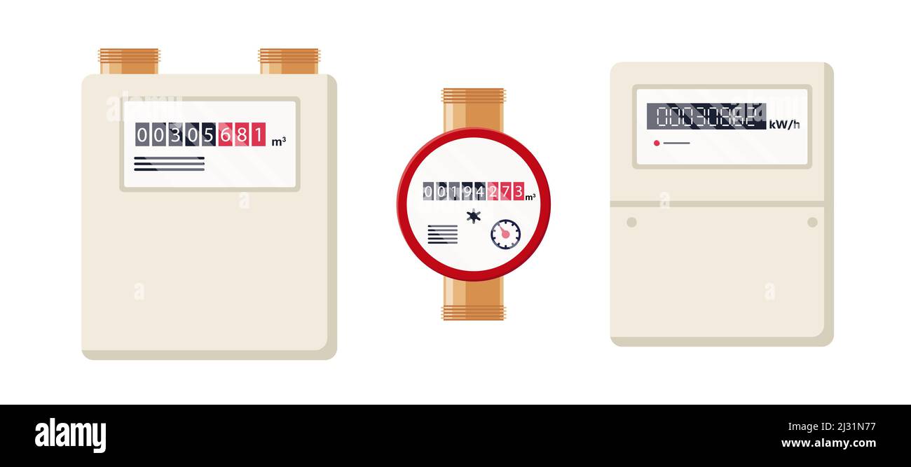 Compteurs de gaz, d'eau et d'électricité. Appareils de mesure industriels et ménagers. Contrôle de la consommation de carburant, d'eau et d'électricité. Compteur de gaz. Collection de plat Illustration de Vecteur