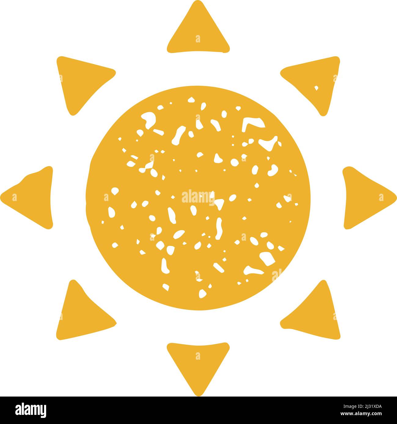 Dessin à la main mignonne jaune soleil lumière naturelle soleil soleil été vacances station grunge texture vector illustration. Nature ensoleillée minimaliste fr Illustration de Vecteur