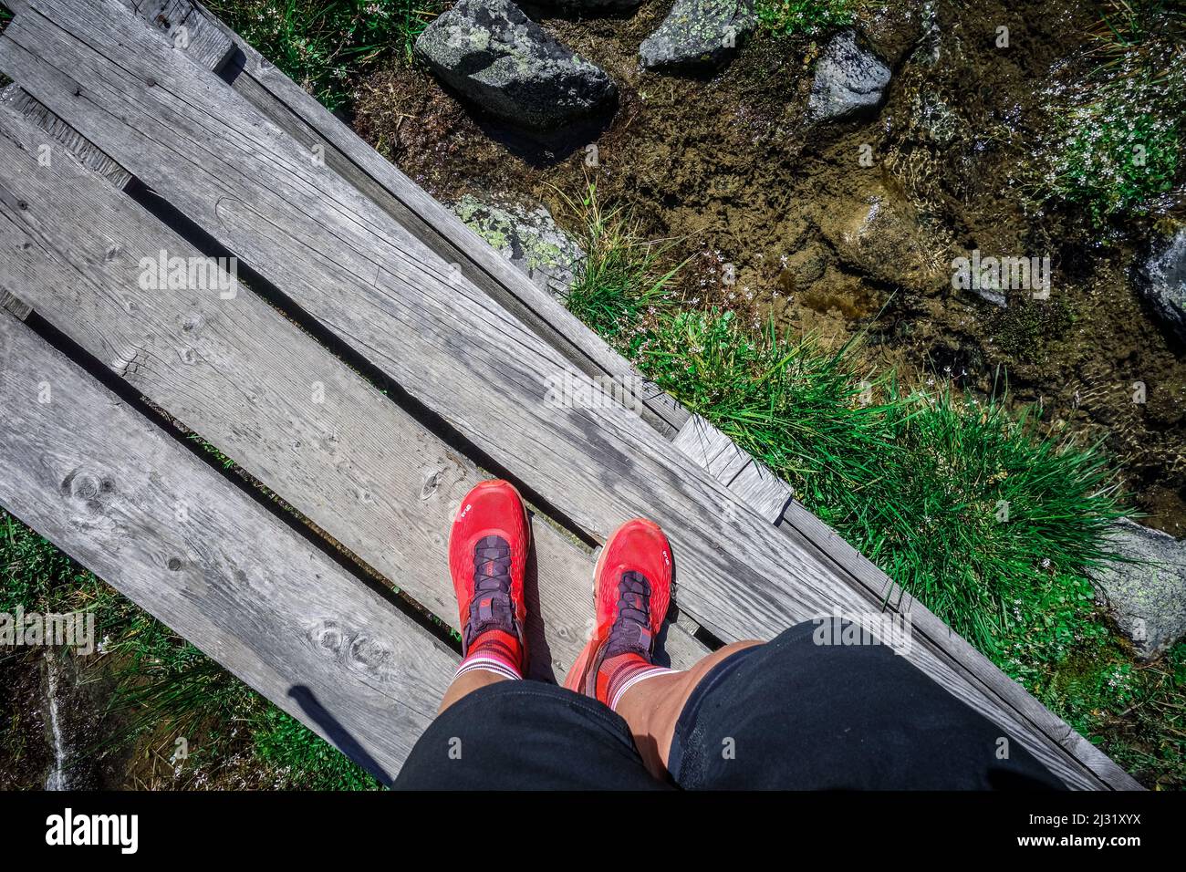 Un coureur de fond traverse un pont lors d'une randonnée dans les Alpes d'Ötztal - Ötztal Banque D'Images