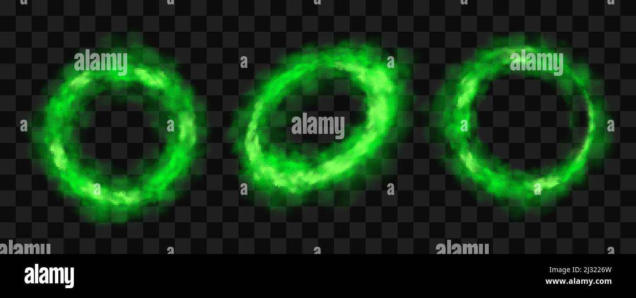 Cercles de fumée verts, ensemble de nuages de smog phosphorescents ronds, isolation à la vapeur sur fond transparent. Anneaux de cigarettes, acide toxique coloré vapeur magique conception elem Illustration de Vecteur