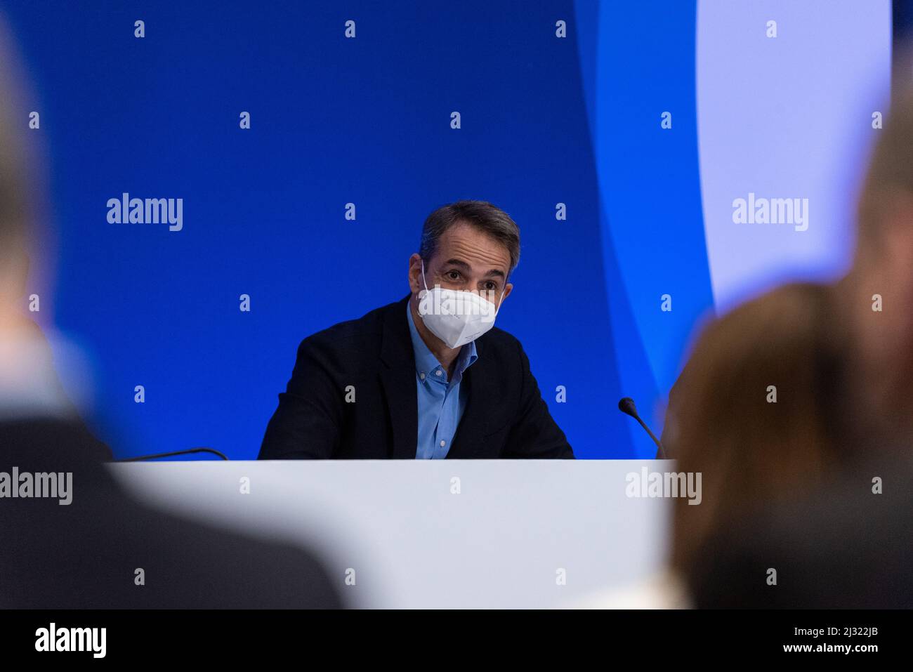 Le Premier ministre grec, Kyriakos Mitsotakis, lors de la conférence de son parti politique à Thessalonique, le 2 avril 2022. Banque D'Images