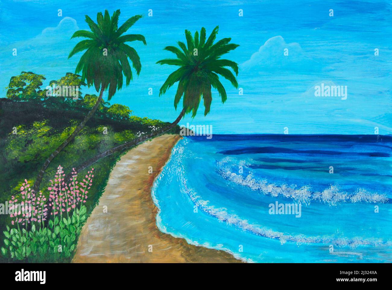 Peinture à l'huile sur toile de côte tropicale avec palmiers et plage de sable Banque D'Images