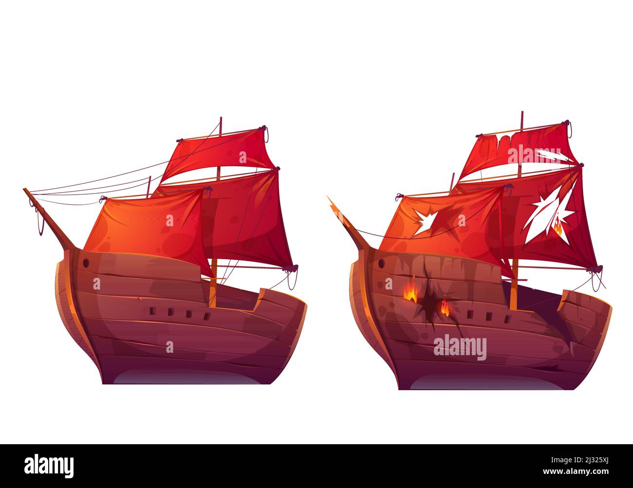 Navires rétro en bois avec scarlet rouge voile vecteur de dessin animé. Galléon ou frégate et voilier cassé après la bataille en mer. Bateau au feu avec des trous dans la coque Illustration de Vecteur