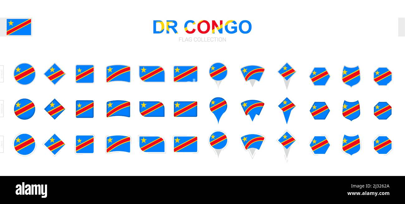 Grande collection de drapeaux de RD Congo de formes et d'effets variés. Grand ensemble de drapeaux vectoriels. Illustration de Vecteur