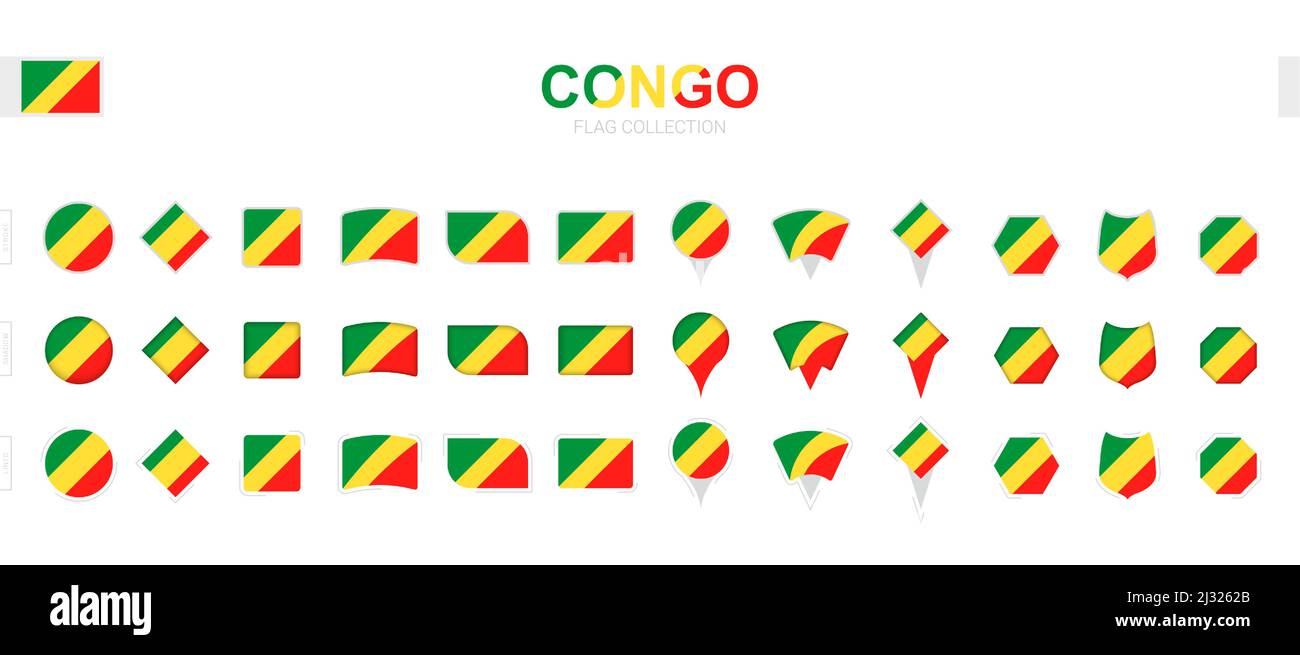 Grande collection de drapeaux du Congo de formes et d'effets divers. Grand ensemble de drapeaux vectoriels. Illustration de Vecteur