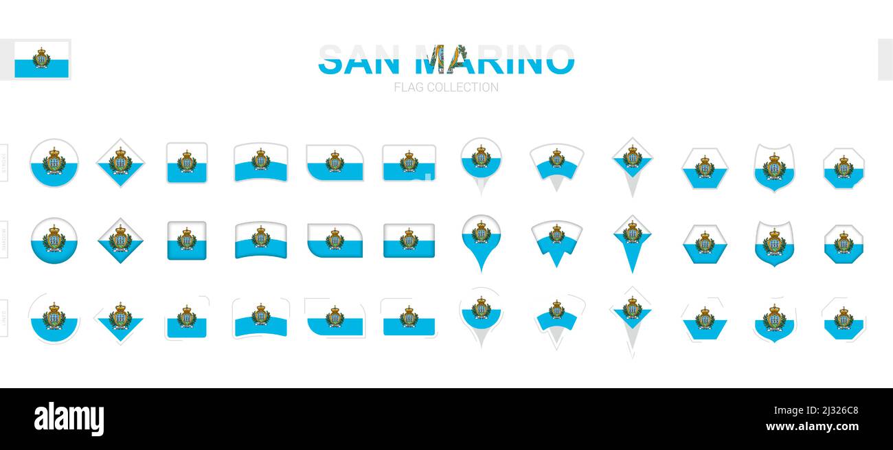 Grande collection de drapeaux de Saint-Marin de formes et d'effets variés. Grand ensemble de drapeaux vectoriels. Illustration de Vecteur