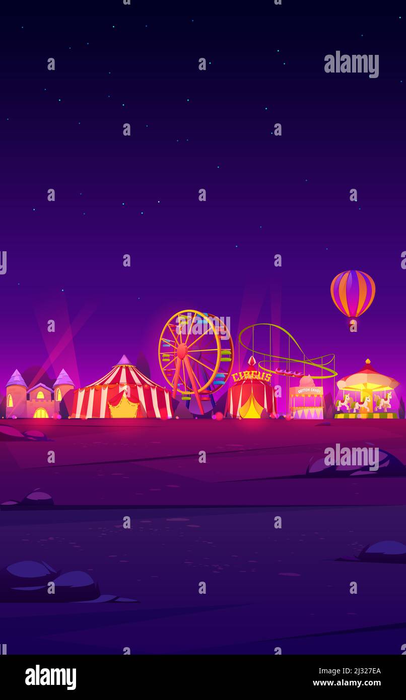 Thème de fond de smartphone avec foire de carnaval la nuit. Modèle vectoriel pour économiseur d'écran de téléphone mobile avec paysage sombre et cirque éclairé Illustration de Vecteur