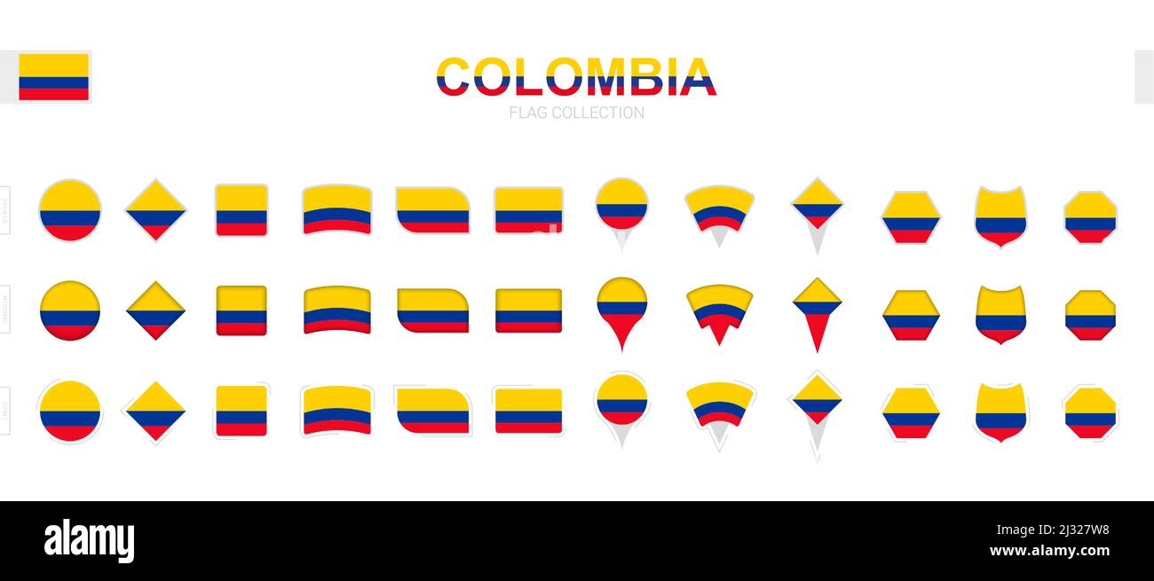 Grande collection de drapeaux de Colombie de formes et d'effets divers. Grand ensemble de drapeaux vectoriels. Illustration de Vecteur