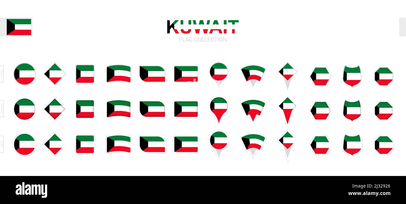 Grande collection de drapeaux koweïtiens de formes et d'effets divers. Grand ensemble de drapeaux vectoriels. Illustration de Vecteur