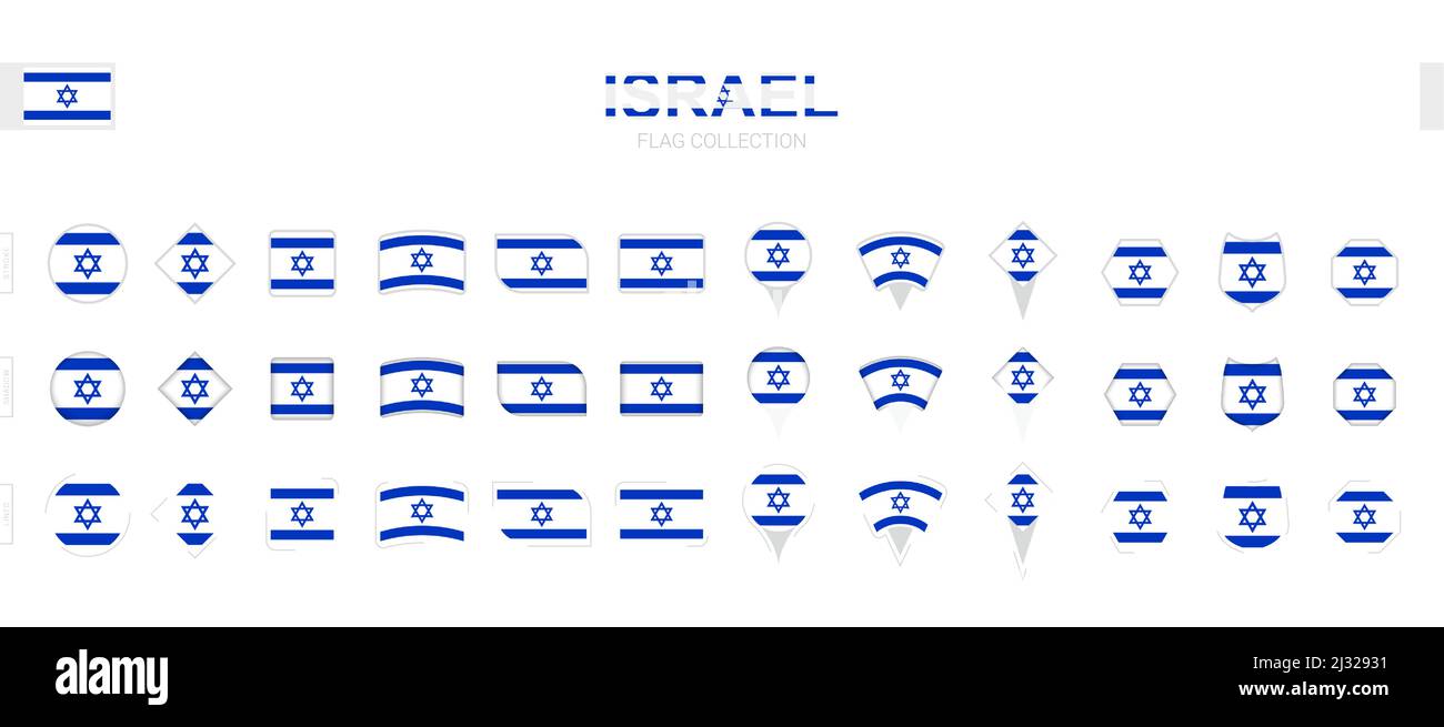 Grande collection de drapeaux israéliens de formes et d'effets divers. Grand ensemble de drapeaux vectoriels. Illustration de Vecteur