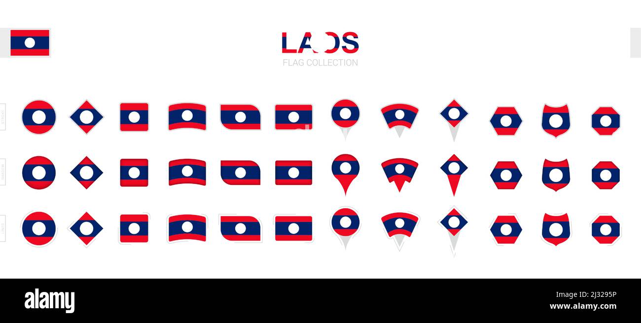 Grande collection de drapeaux laotiens de formes et d'effets variés. Grand ensemble de drapeaux vectoriels. Illustration de Vecteur