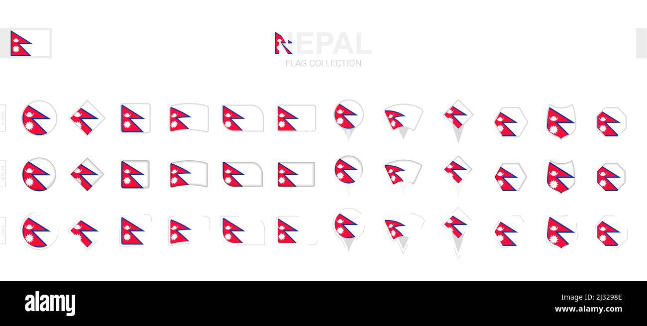 Grande collection de drapeaux népalais de formes et d'effets divers. Grand ensemble de drapeaux vectoriels. Illustration de Vecteur