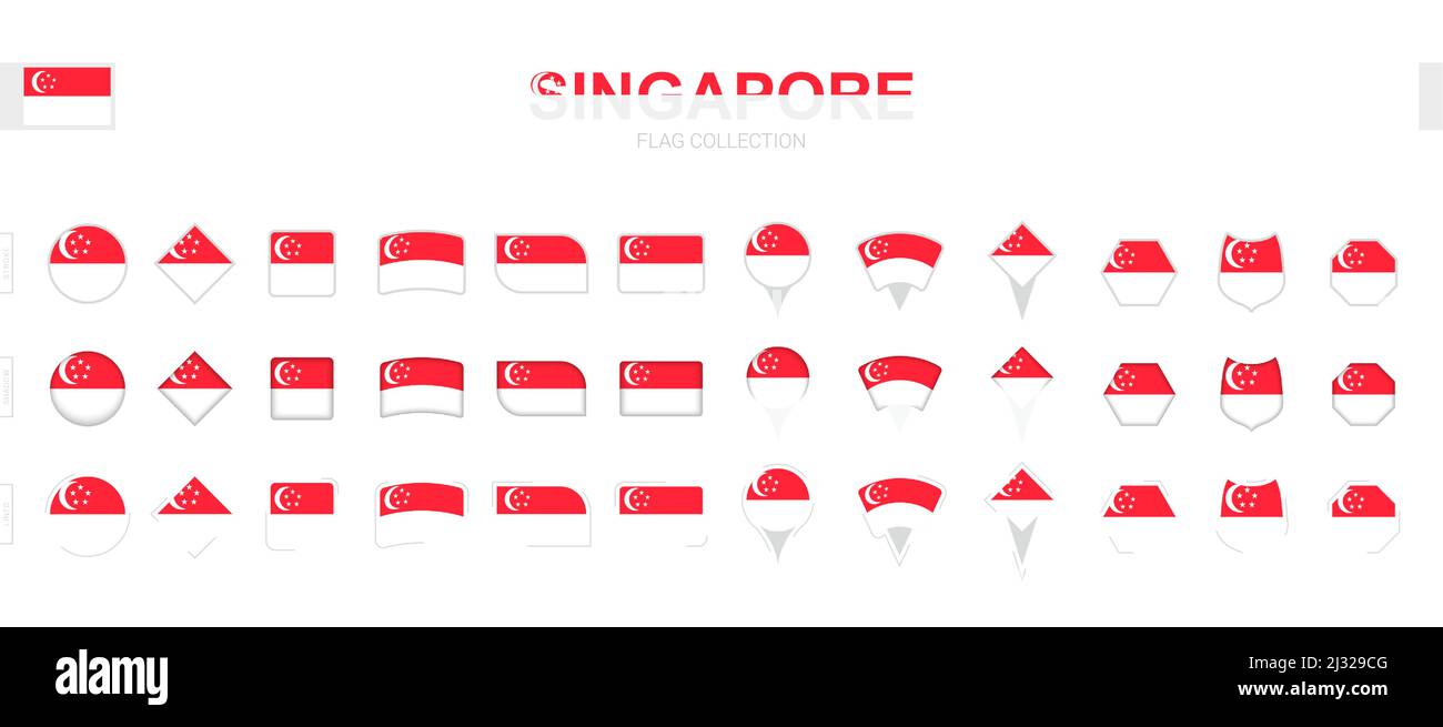 Grande collection de drapeaux de Singapour de formes et d'effets variés. Grand ensemble de drapeaux vectoriels. Illustration de Vecteur