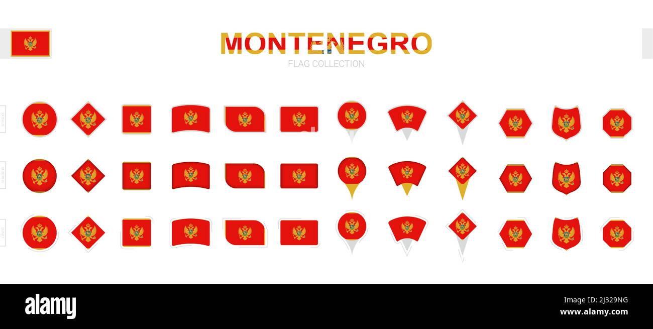 Grande collection de drapeaux du Monténégro de formes et d'effets variés. Grand ensemble de drapeaux vectoriels. Illustration de Vecteur
