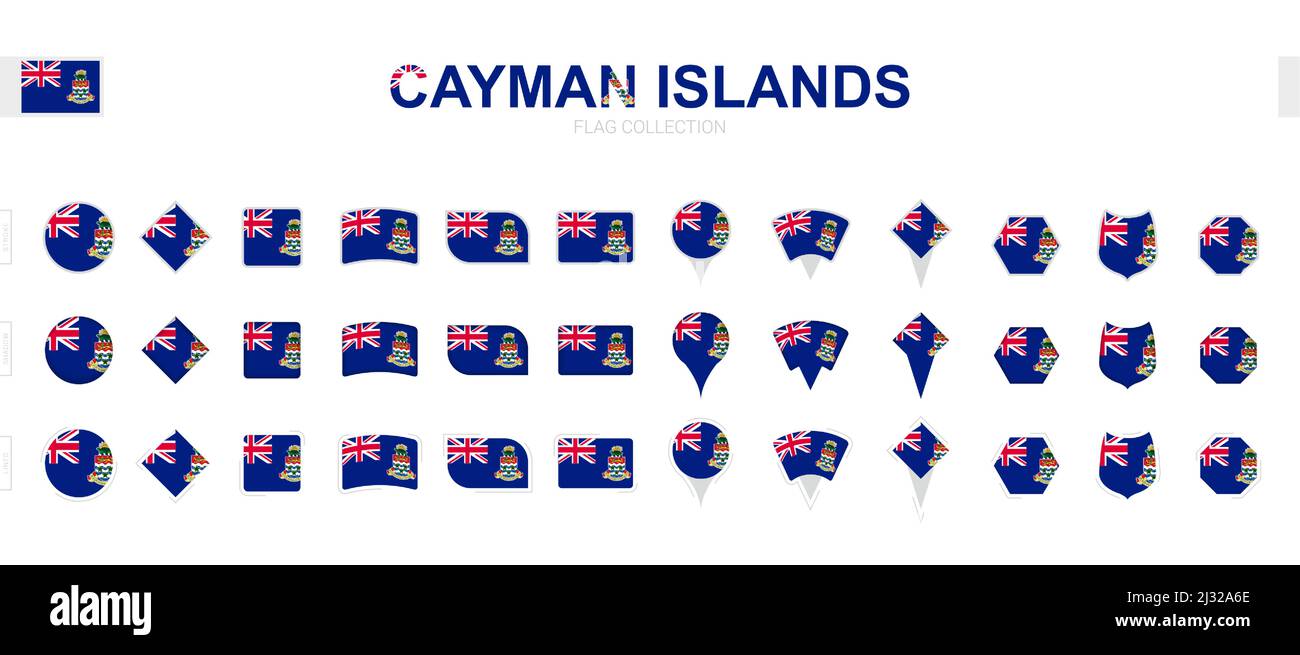 Grande collection de drapeaux des îles Caïmans de formes et d'effets variés. Grand ensemble de drapeaux vectoriels. Illustration de Vecteur
