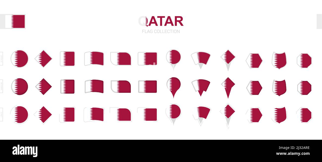 Grande collection de drapeaux du Qatar de formes et d'effets divers. Grand ensemble de drapeaux vectoriels. Illustration de Vecteur
