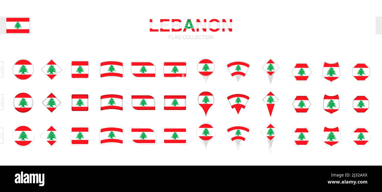 Grande collection de drapeaux libanais de formes et d'effets variés. Grand ensemble de drapeaux vectoriels. Illustration de Vecteur