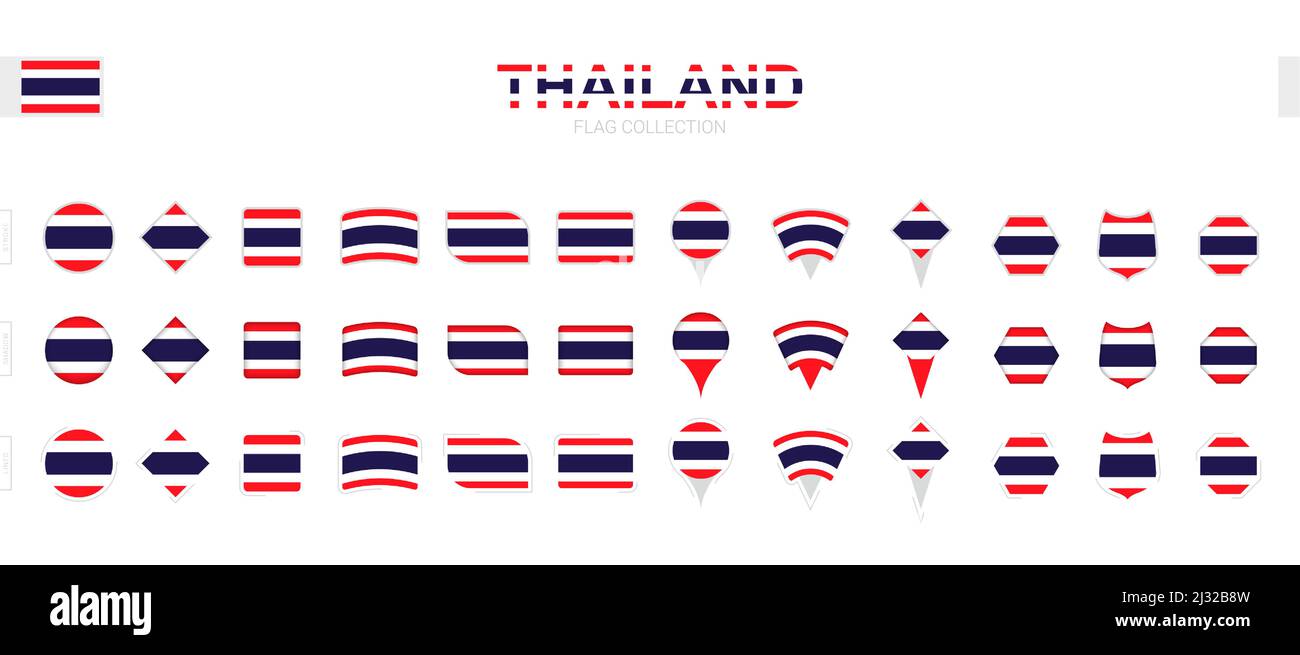 Grande collection de drapeaux thaïlandais de formes et d'effets variés. Grand ensemble de drapeaux vectoriels. Illustration de Vecteur
