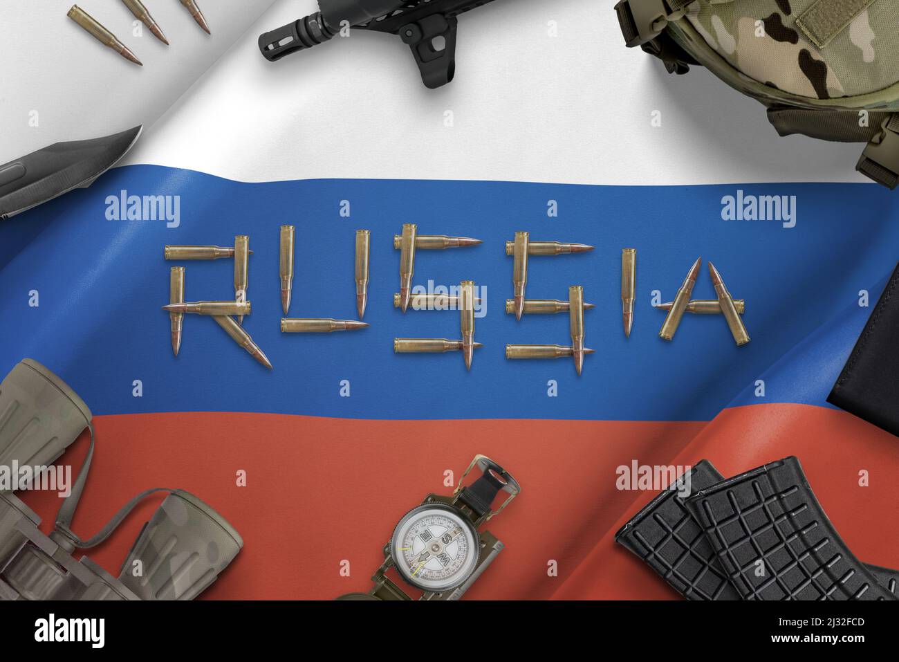 Russie équipement militaire drapeau. Composition du concept d'invasion de l'Ukraine Banque D'Images