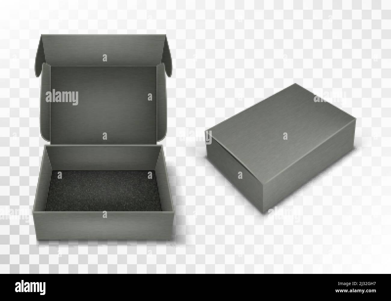 Boîte en carton vierge grise avec rabat, illustration vectorielle réaliste. Pack caton rectangulaire avec couvercle à charnière ouvert et fermé, isolé sur transparent Illustration de Vecteur