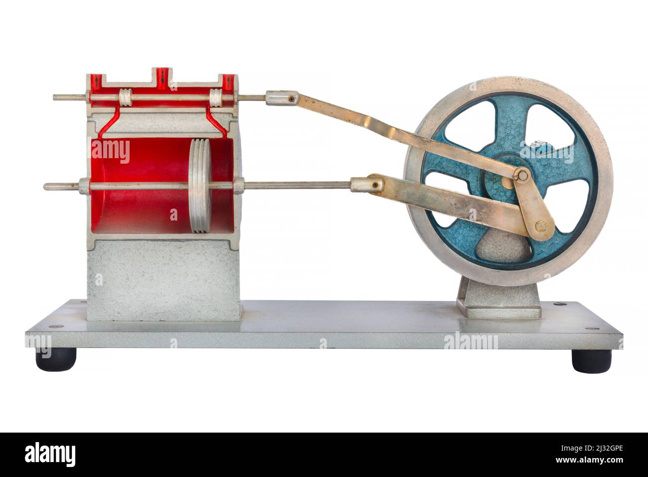 Modèle éducatif de l'intérieur d'un moteur de voiture avec piston isolé sur un fond blanc Banque D'Images