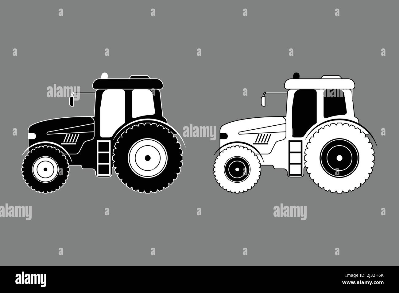 Vue latérale du tracteur noir blanc icône plate Illustration de Vecteur