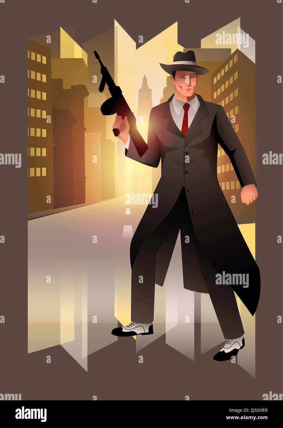 Illustration d'un homme tenant une mitrailleuse, gangster, mobster, thème de la mafia, style d'illustration de vecteur art déco Illustration de Vecteur