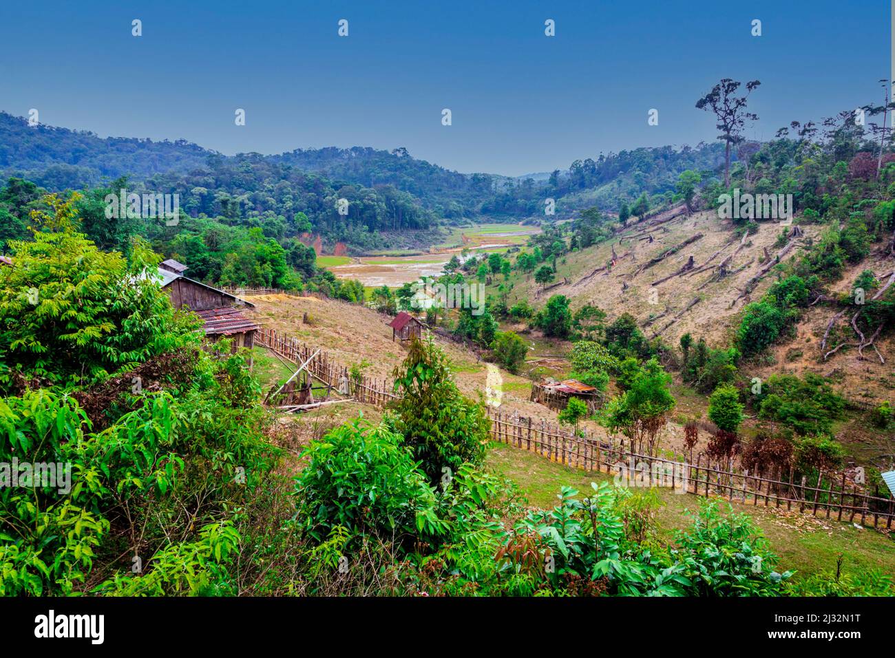 Une petite vallée dans les Hautes-terres centrales qui cultive du café et du riz avec la jungle en arrière-plan. Banque D'Images