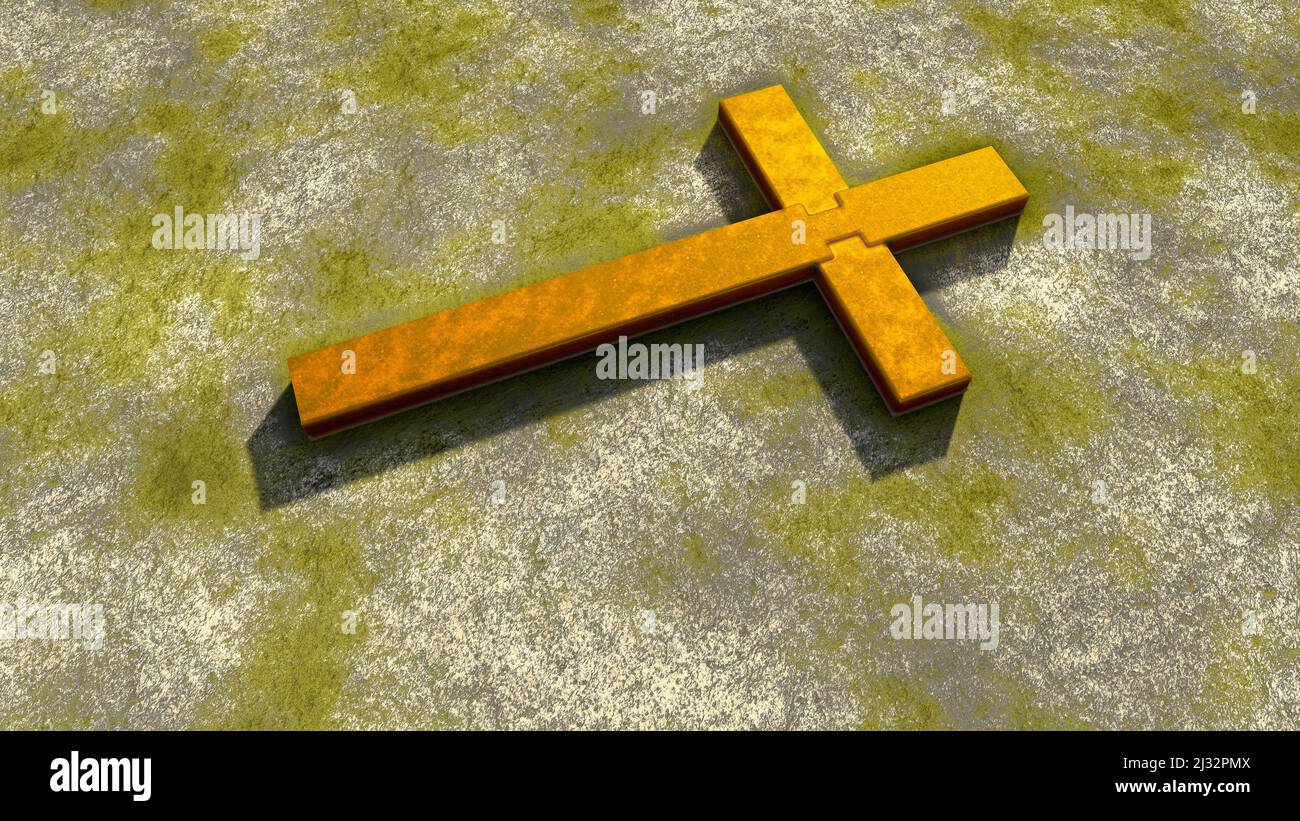 Concept ou croix dorée conceptuelle sur fond de pierre grungy vintage. 3D métaphore de l'illustration pour Dieu, Christ, Christianisme, religieux, foi, hol Banque D'Images
