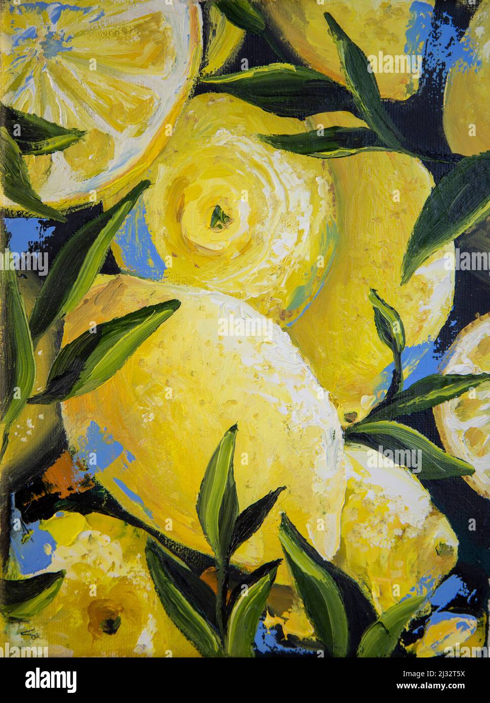 Citrons avec feuilles. Peinture à l'huile avec coups de pinceau. Banque D'Images