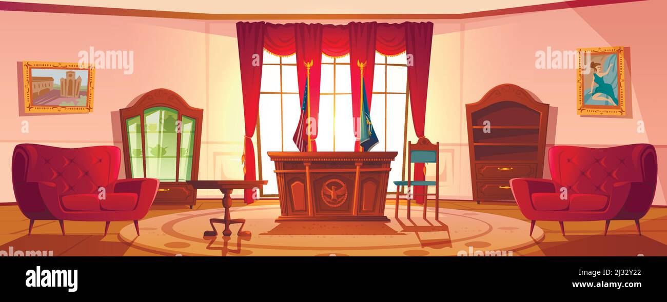 Meuble ovale, intérieur de bureau pour le lieu de travail du Président des États-Unis dans la résidence officielle Maison Blanche, bureau et bibliothèque en bois, nation Illustration de Vecteur