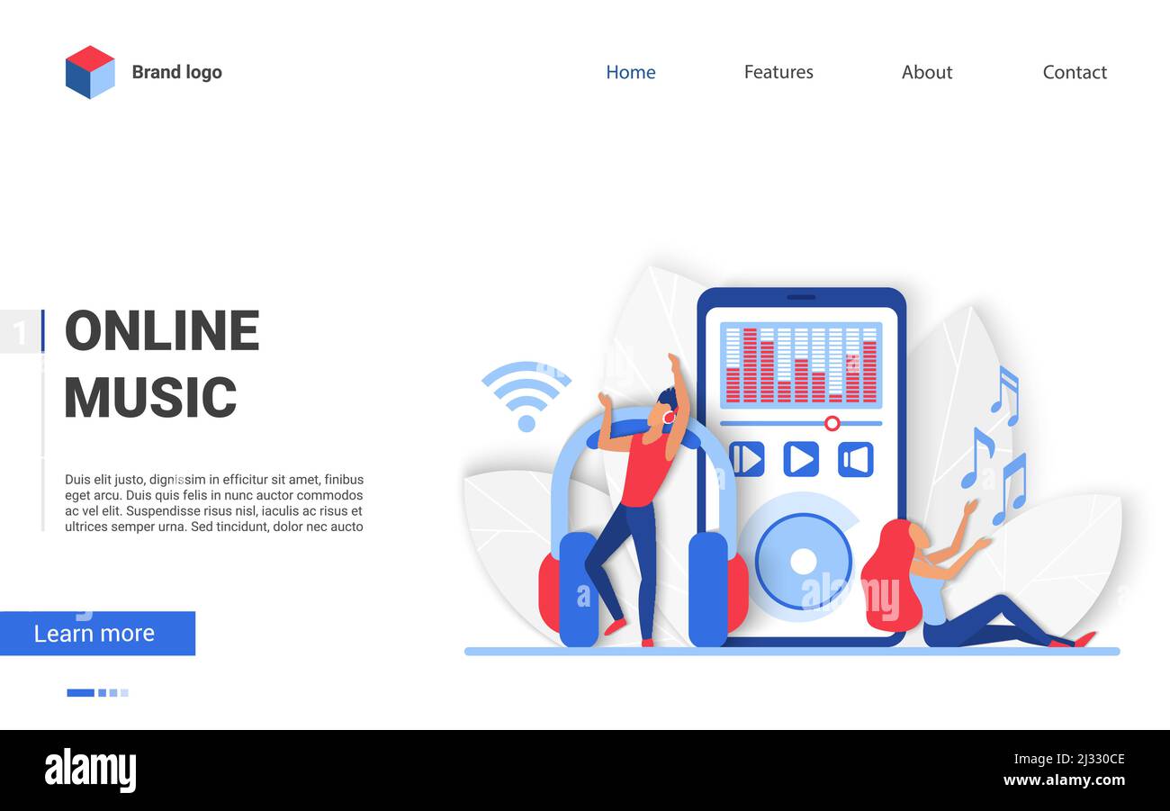 Les gens écoutent de la musique en ligne. Balado audio d'une petite femme et d'un petit homme, mp3 musiques via une illustration vectorielle plate pour smartphone. Concept de liste de lecture numérique pour la bannière, la conception de sites Web ou la page Web d'arrivée Illustration de Vecteur