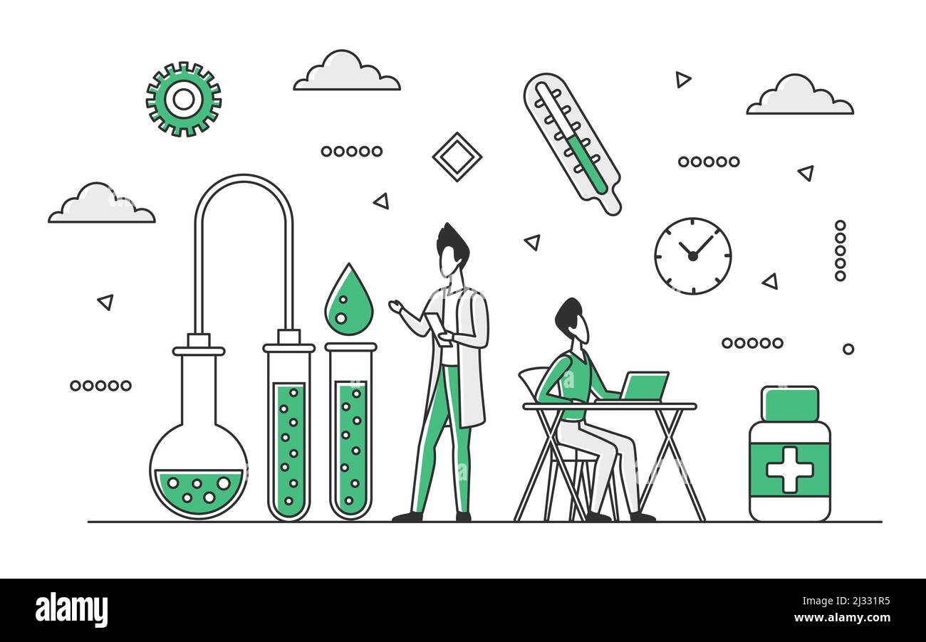 Biotechnologie médecine et biologie science. Chercheurs en biologie développant des produits pharmaceutiques vecteur monocolor illustration Illustration de Vecteur