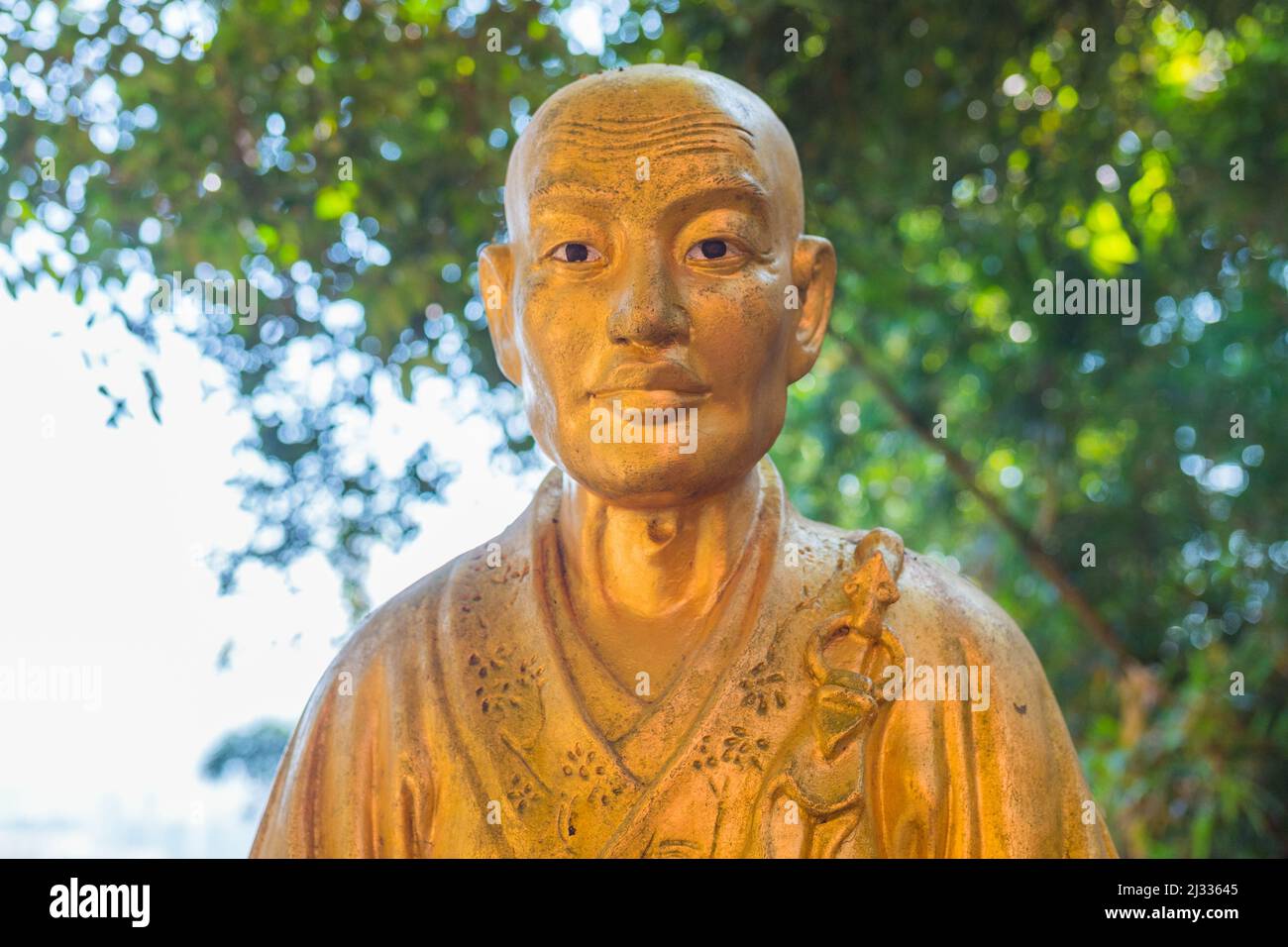 Magnifique statue de bouddha unique en vue rapprochée, en regardant l'appareil photo. Sculpture dorée représentant le bouddhiste/moine. Dix mille Monastère Bouddhas, Sha Tin. Banque D'Images Magnifique statue de bouddha unique en vue rapprochée, en regardant l'appareil photo. Sculpture dorée représentant le bouddhiste/moine. Dix mille Monastère Bouddhas, Sha Tin. Banque D'Images