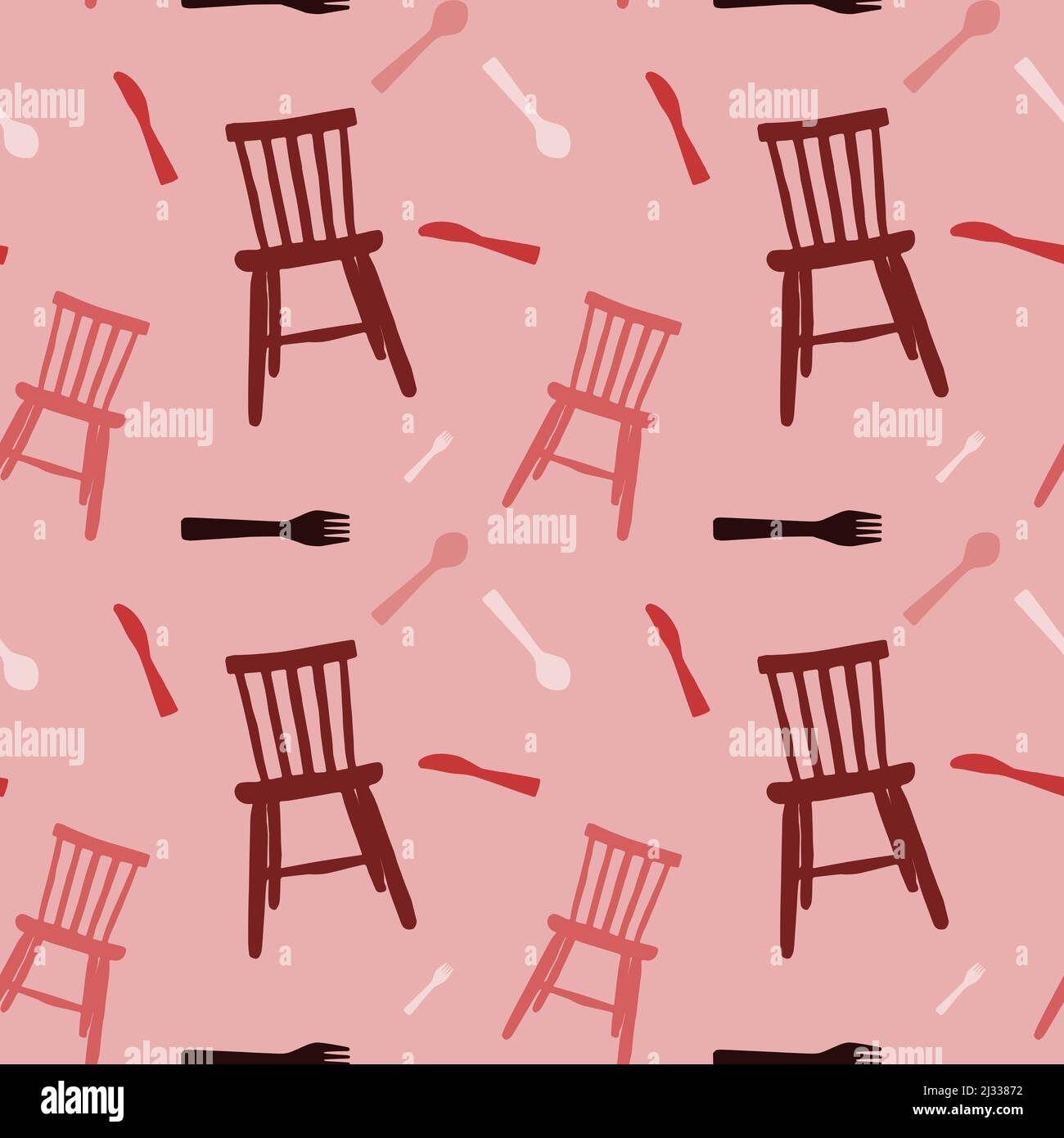 motif sans couture avec icônes d'outils de cuisine, chaise de cuisine, couteau, fourchette et cuillère sur fond rose clair, avec des couleurs rose, rose foncé, rouge et lig Illustration de Vecteur