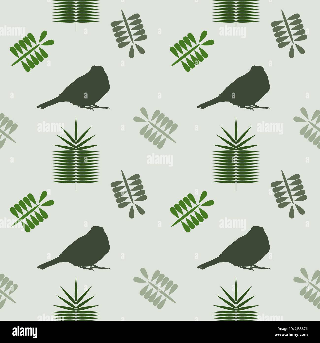 motif sans couture sur fond vert clair. le motif se compose d'icônes d'un moineau et de feuilles différentes. de couleurs vert clair et vert foncé Illustration de Vecteur