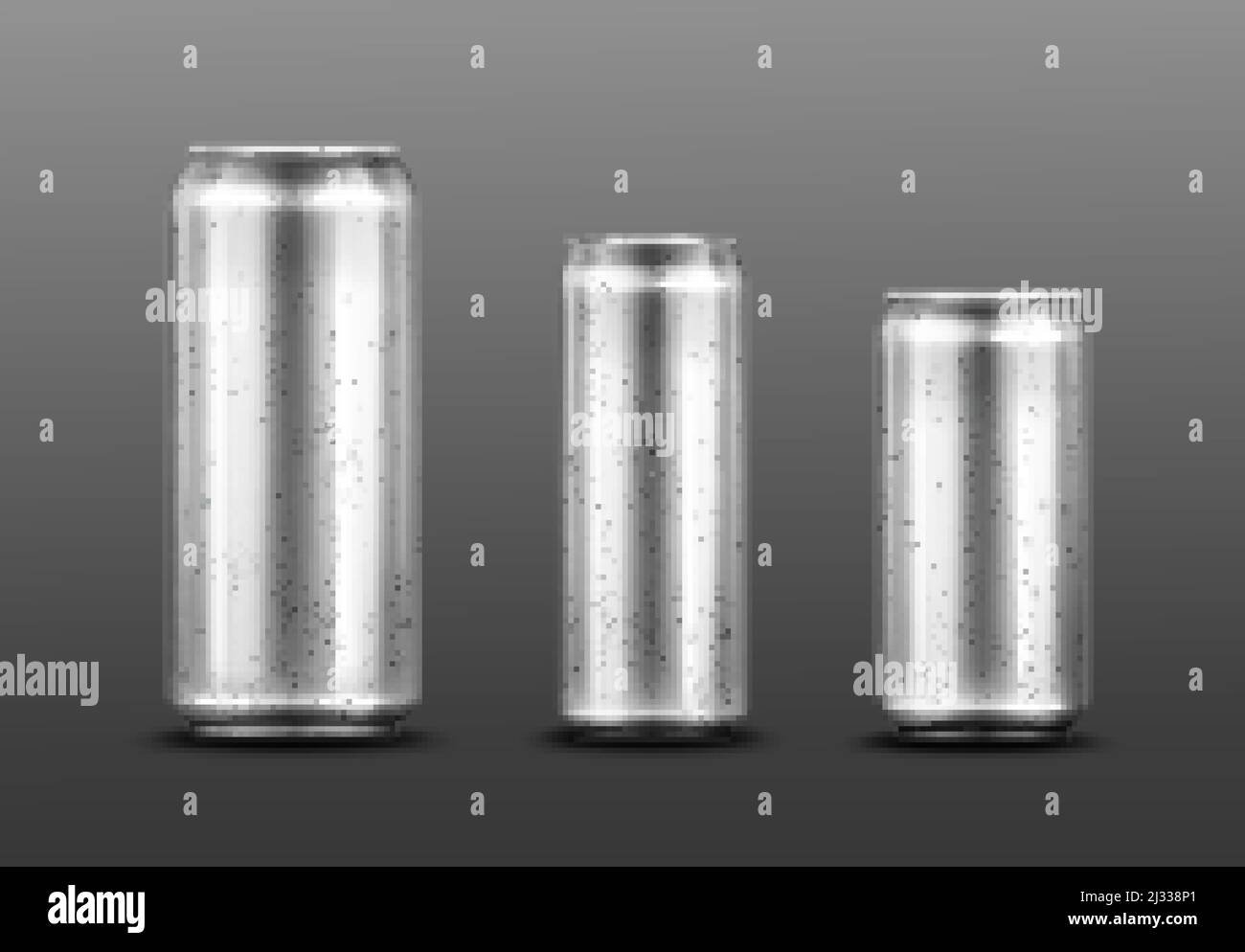 Canettes métalliques avec gouttes d'eau, contenant pour boisson gazeuse ou énergétique, limonade ou bière. Modèles de maquettes vides argentées isolées avec condensation à froid pour le son Illustration de Vecteur