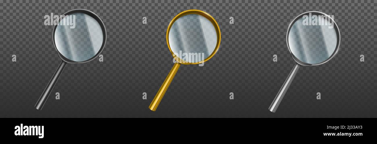 Loupes, loupes avec lentilles transparentes isolées sur fond transparent. Ensemble vectoriel réaliste de loupes en plastique or, argent et noir, Illustration de Vecteur