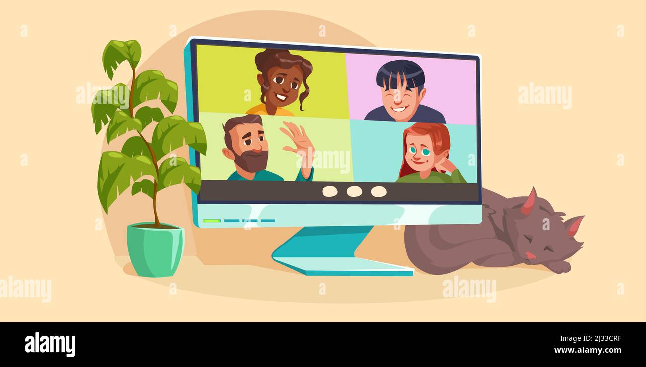 Visioconférence virtuelle en ligne sur ordinateur de bureau avec discussion de groupe. PC domestique avec chat et plante endormi. Mes collègues ou amis professionnels Illustration de Vecteur