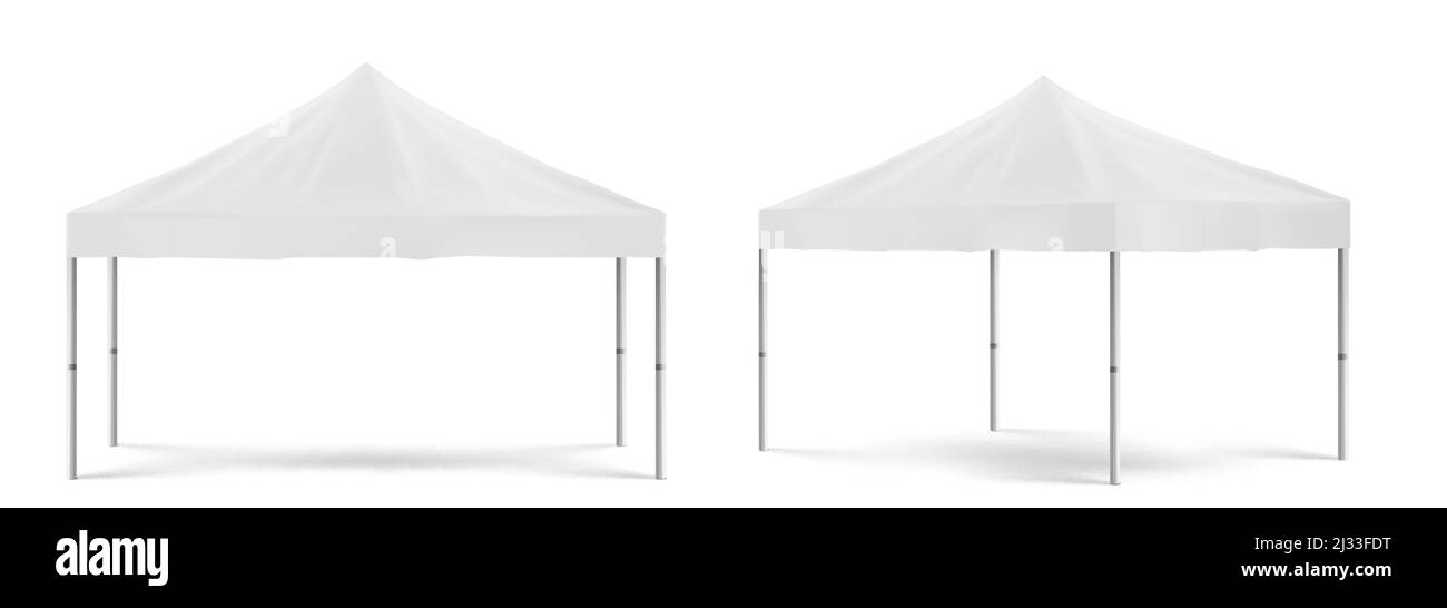 Tente de promotion pliante blanche, marquise mobile d'extérieur pour l'exposition de marketing ou le commerce en vue de face et d'angle. Maquette vectorielle réaliste de festi vierge Illustration de Vecteur