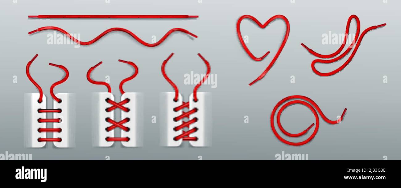Lacets rouges, laçage par cordes dans les baskets de différentes manières.  Ensemble réaliste de cordes de chaussures en forme de coeur, tourbillon,  ondulé et ligne droite. Bo Image Vectorielle Stock - Alamy