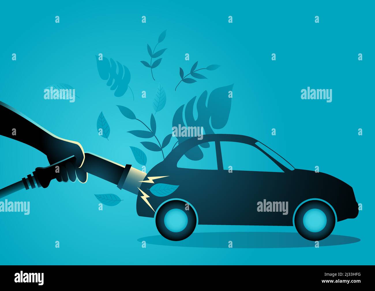 Illustration vectorielle de la main tenant un câble d'alimentation pour charger la voiture électrique, concept d'énergie alternative ou renouvelable Illustration de Vecteur
