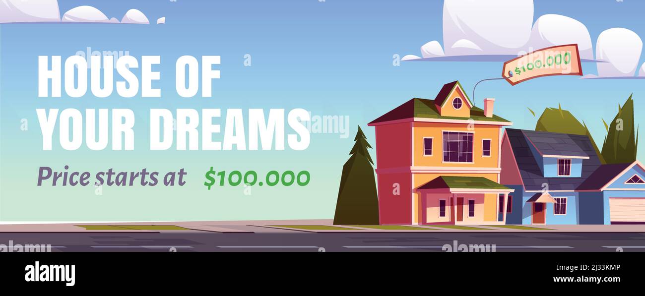 Bannière de vente immobilière. Concept de maison d'achat de rêves. Illustration vectorielle de maisons de banlieue sur rue, chalet avec prix. Sélectionnez un Illustration de Vecteur
