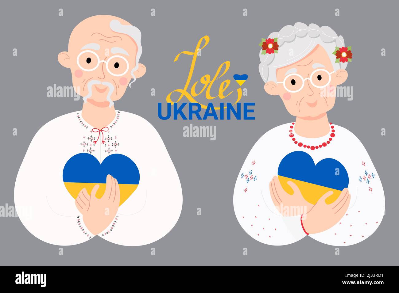 Couple d'Ukrainiens âgés dans des vêtements nationaux. Une femme âgée avec et un vieux cosaque ukrainien avec du forelock et de la moustache avec coeur jaune-bleu Illustration de Vecteur