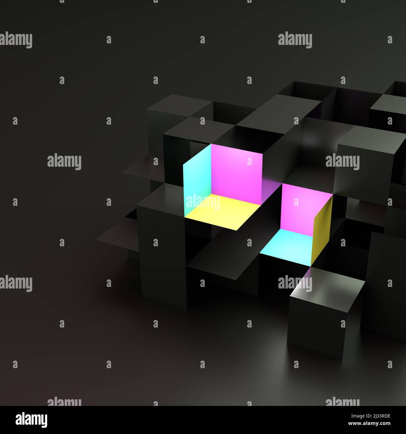 Boîtes noires abstraites empilées. Certaines surfaces ont été supprimées et certaines sont colorées en cyan, magenta et jaune. Concept CMJN. Banque D'Images